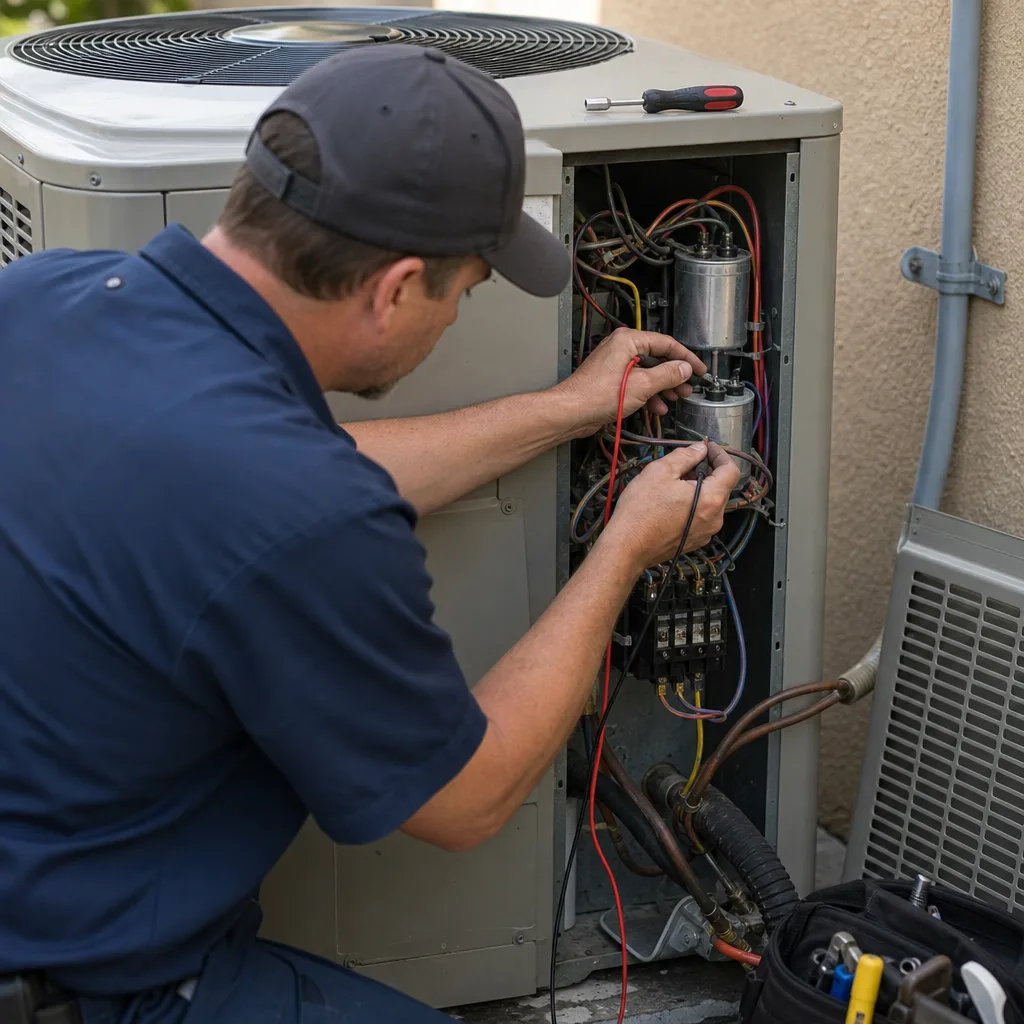 HVAC technician performing AC installation and electrical repair