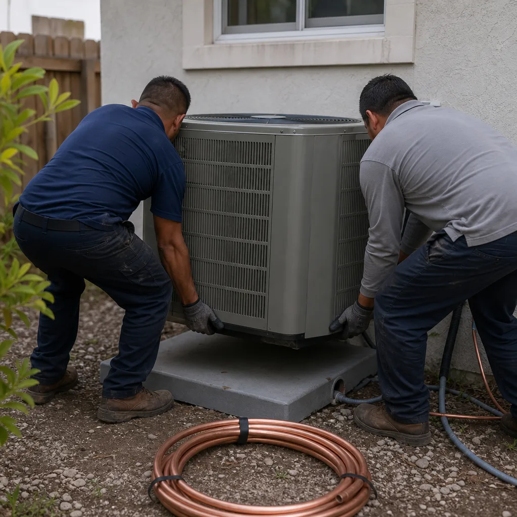 Two professional technicians performing an outdoor air conditioning unit installation