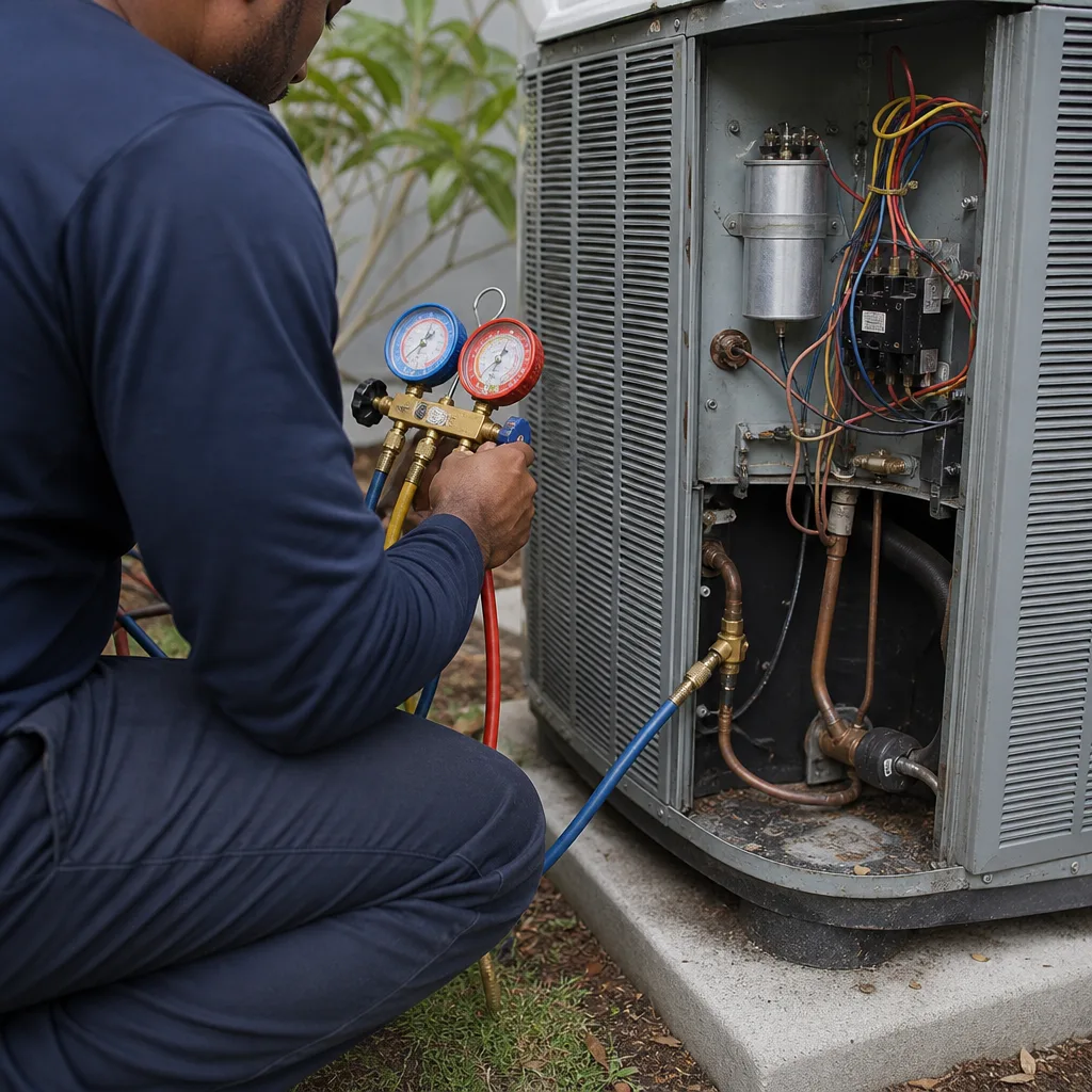 HVAC technician using manifold gauges for professional air conditioner installation