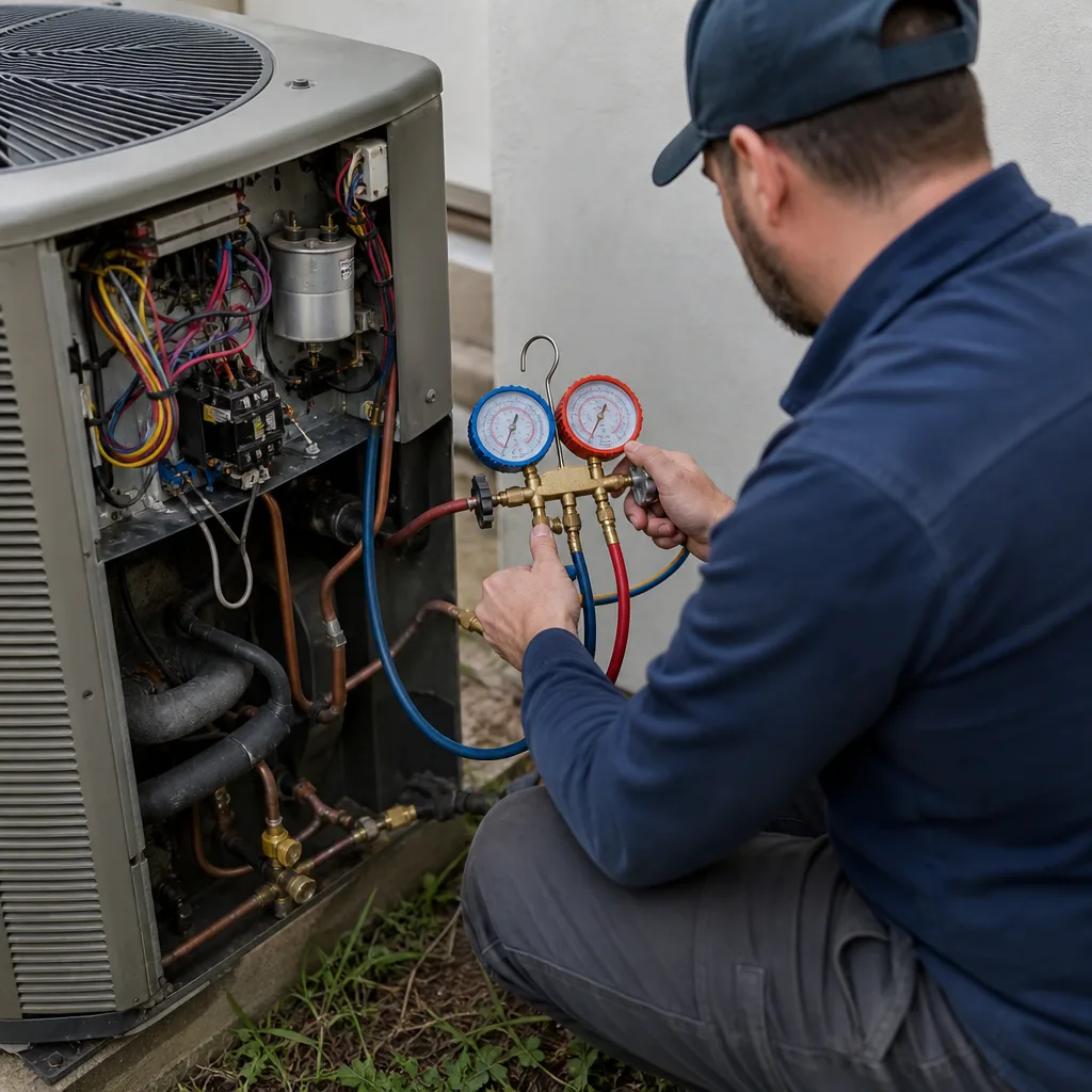 HVAC technician performing professional air conditioning repair and maintenance service