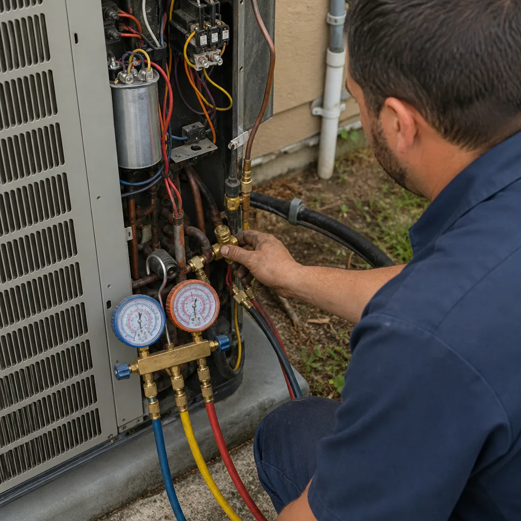 HVAC technician performing professional AC repair and maintenance on outdoor unit