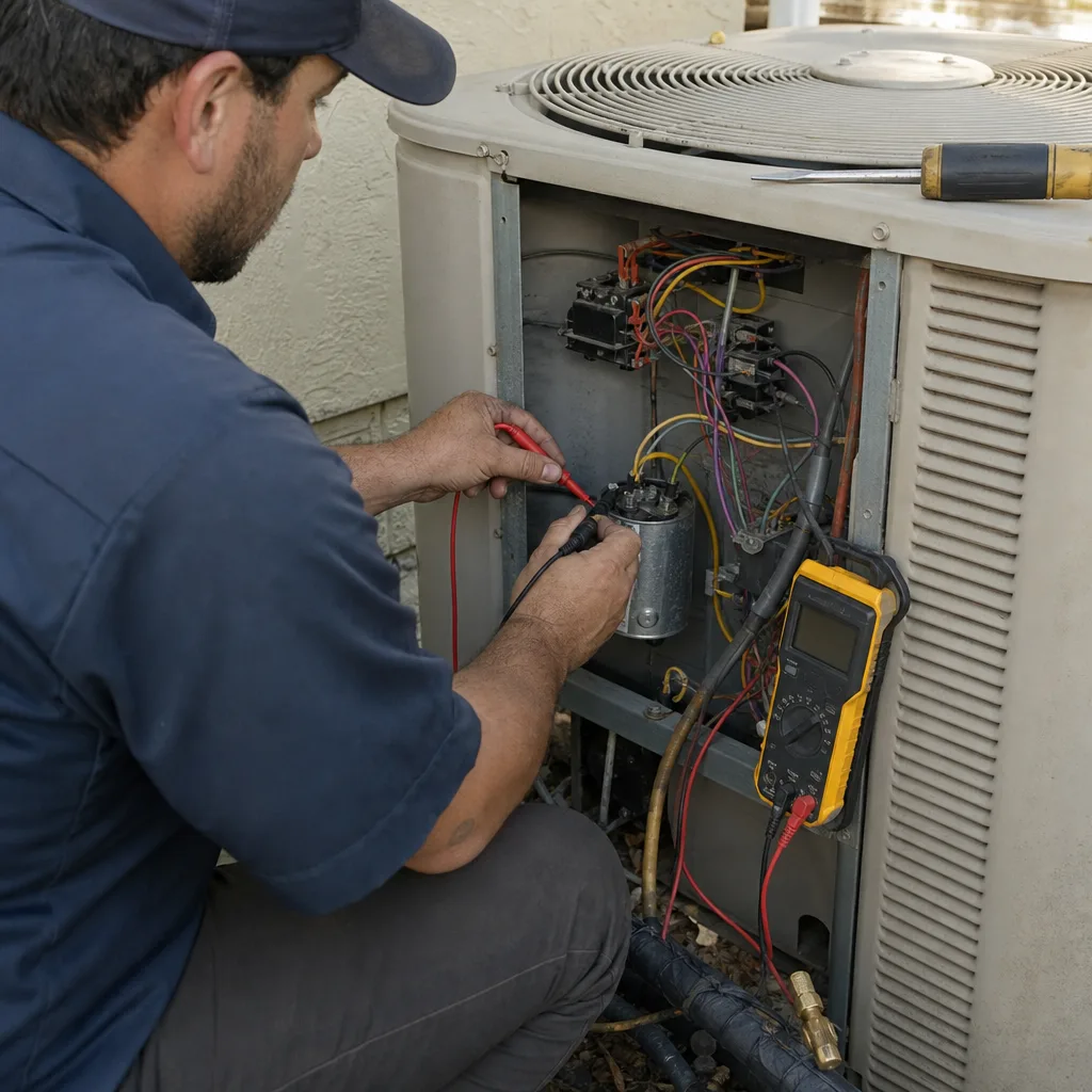 HVAC technician performing AC repair and maintenance on an outdoor unit.