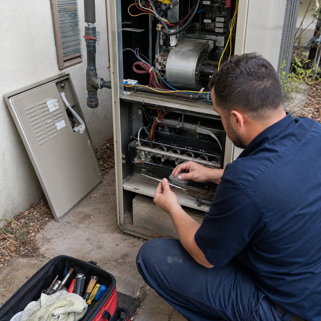 HVAC technician performing professional furnace repair and maintenance